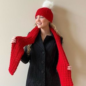 Hand-Crocheted Red Winter Beanie Hat & Waffle-Stitch Scarf Set